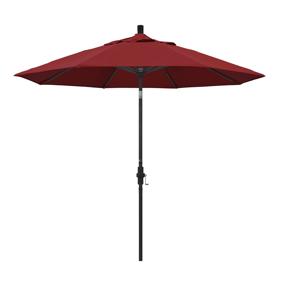 California Umbrella 9' Round Aluminum Market Umbrella, Crank Lift, Collar Tilt, Black Pole, Pacifica Red