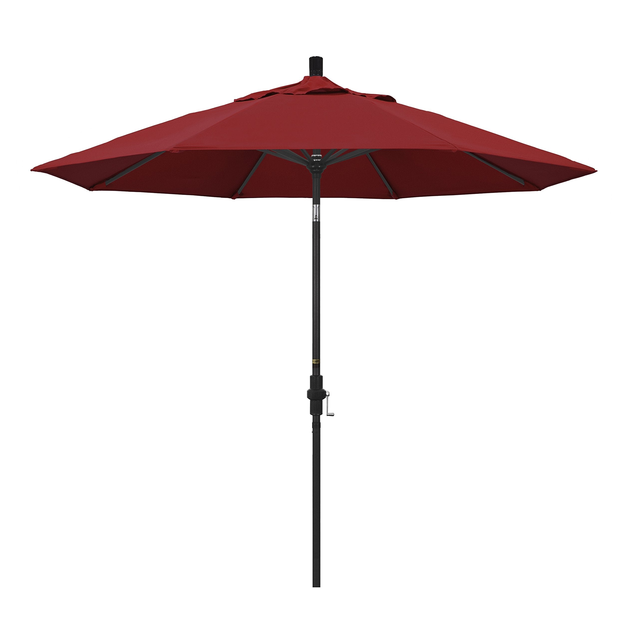 California Umbrella 9 Round Aluminum Market Umbrella, Crank Lift, Collar Tilt, Black Pole, Pacifica Red