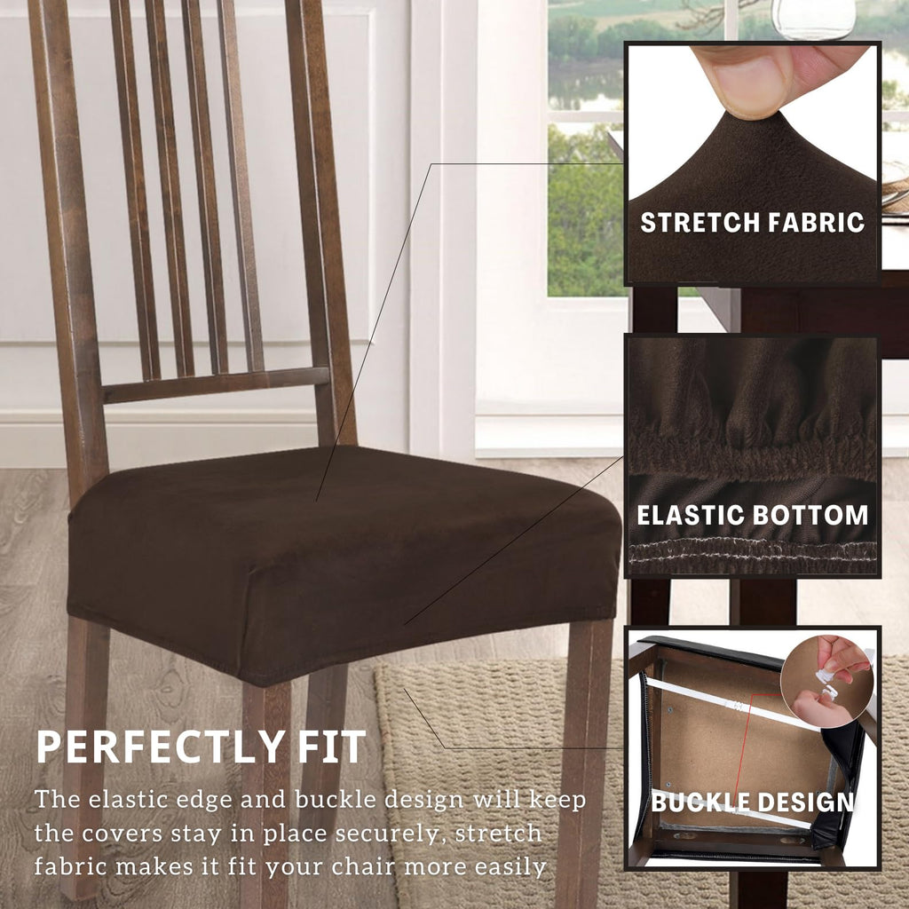 Searchi Stretch Dining Chair Seat Covers Set Of 4, Soft Removable Washable Seat Covers For Dining Chairs, Dining Room Seat Cover Protector (Rear-Covered, Velvet Brown)