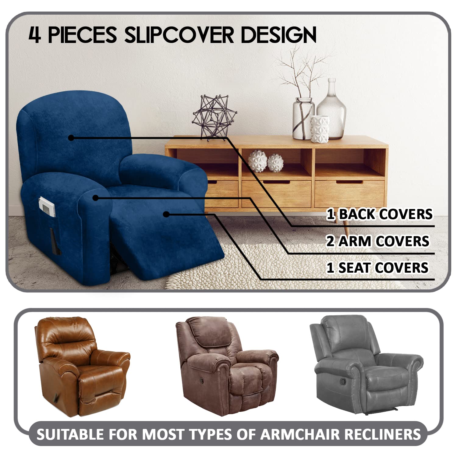 Ulticor 4-Piece, 1 Seat Recliner Cover, Velvet Stretch Reclining Chair Covers For 1 Cushion Reclining Sofa, Single Seat Recliner