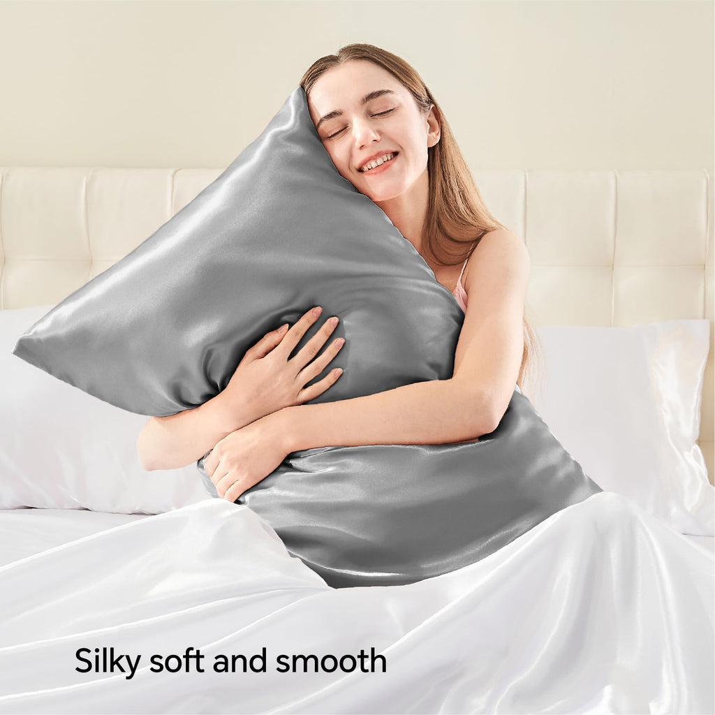 Bedelite Satin Pillowcase With Zipper 2 Pack, Grey Pillow Cases Standard Size, Super Soft And Cooling Similar To Silk Pillow Cas