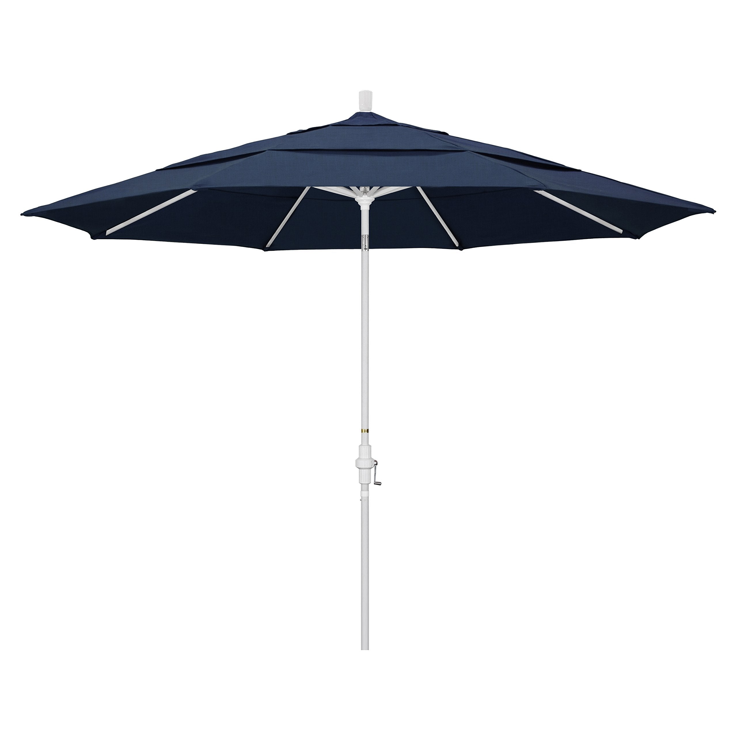 California Umbrella 11' Round Aluminum Market Umbrella, Crank Lift, Collar Tilt, White Pole, Sunbrella Spectrum Indigo