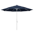 California Umbrella 11' Round Aluminum Market Umbrella, Crank Lift, Collar Tilt, White Pole, Sunbrella Spectrum Indigo