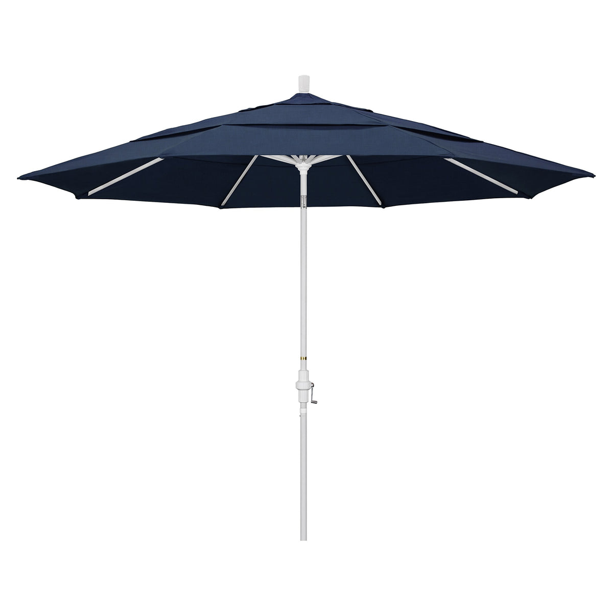 California Umbrella 11' Round Aluminum Market Umbrella, Crank Lift, Collar Tilt, White Pole, Sunbrella Spectrum Indigo