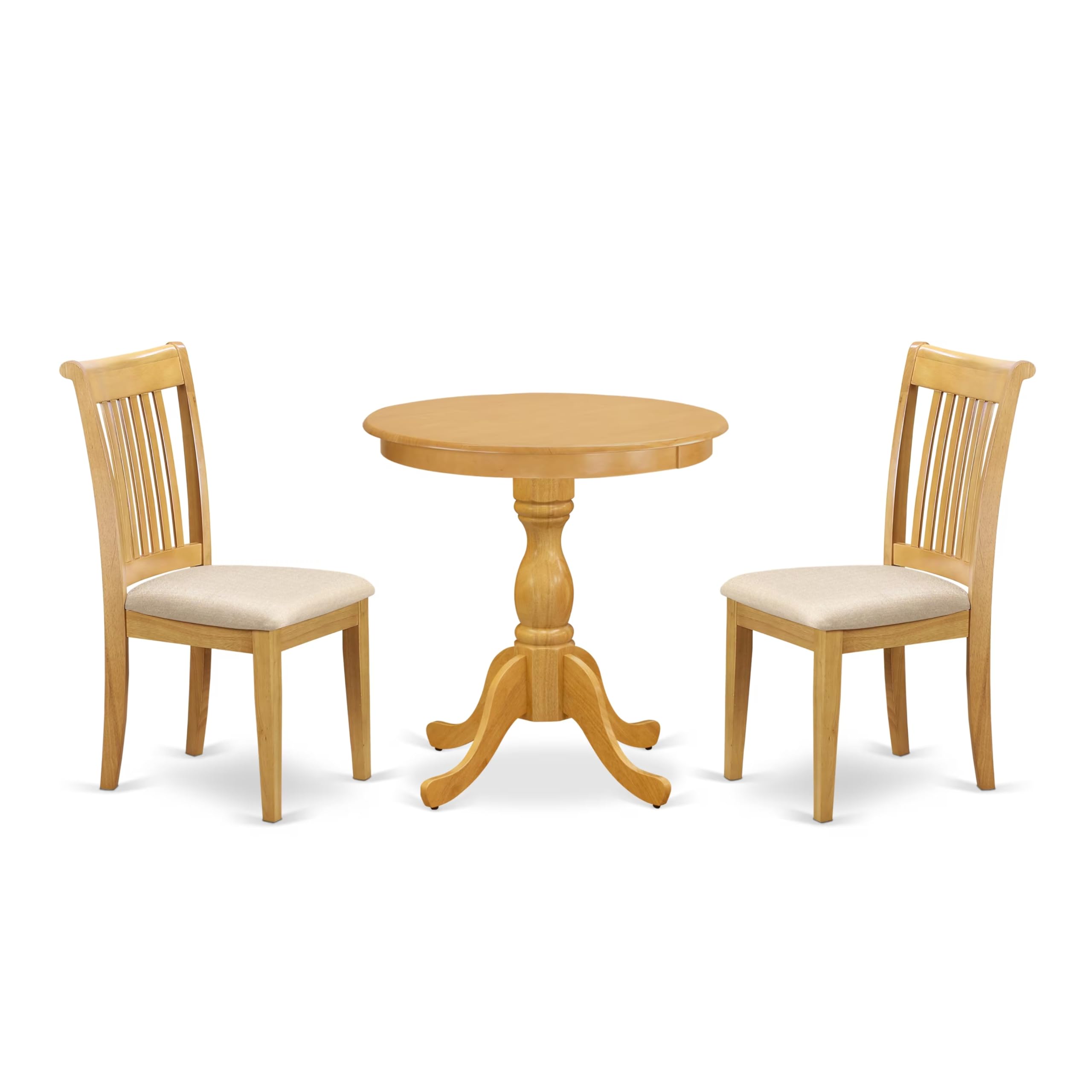 East West Furniture Espo3-Oak-C 3 Piece Modern Dining Table Set Contains A Round Wooden Table With Pedestal And 2 Linen Fabric Kitchen Dining Chairs, 30X30 Inch, Oak