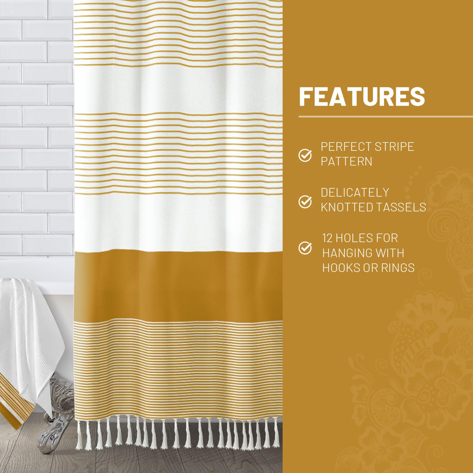 Awellife Boho Shower Curtain For Bathroom Farmhouse Natural Linen Stripe Tassel Shower Curtain (Gold, 72' W X 72' L)