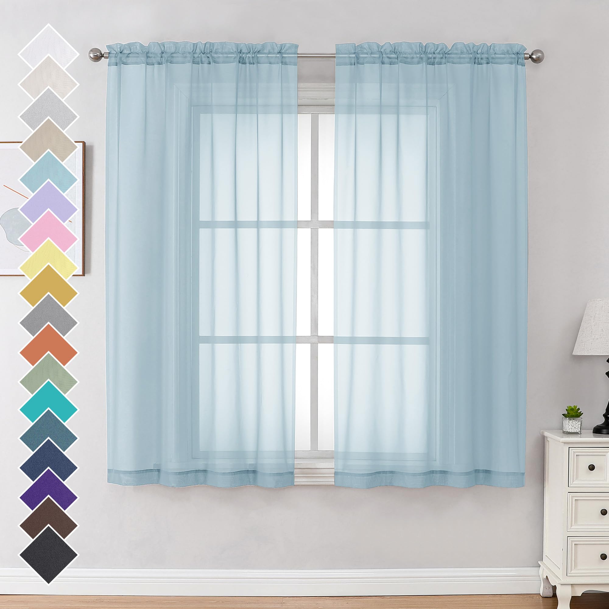 Ovzme Sky Blue Sheer Curtains 63 Inches Long 2 Panels - Soft Light Filtering Window Sheer Panels For Living Room/Bedroom, Top Du