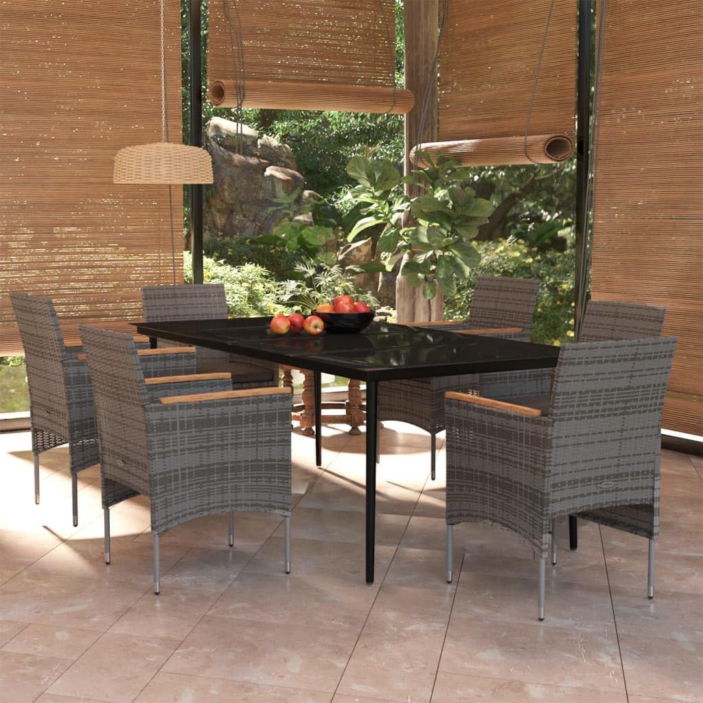 vidaXL 7-Piece Patio Dining Set - Gray & Black - PE Rattan Chairs, Glass Tabletop - Outdoor/Garden Furniture