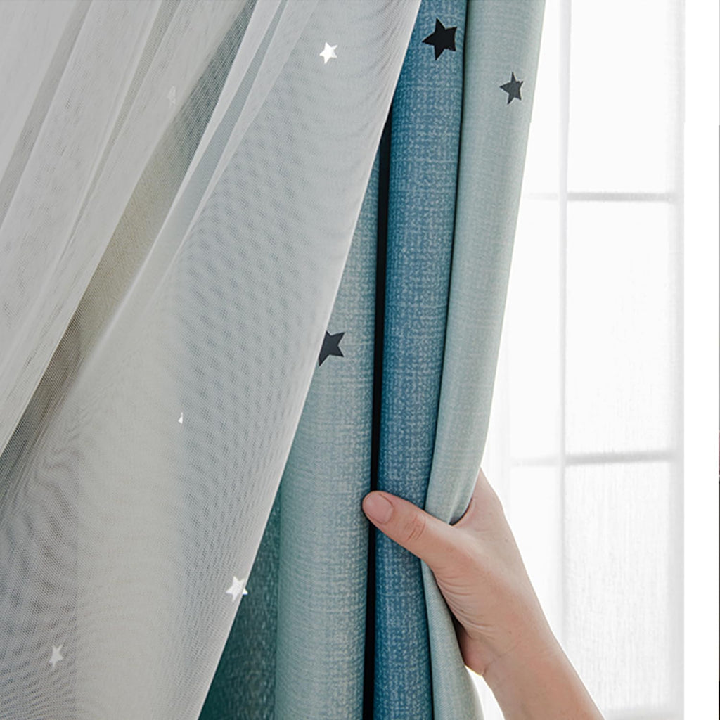 Yancorp Curtains For Girls Bedroom Kids Curtain Hollow-Out Star Window Nursery Curtain 84 Inches Length Room Darkening Grommet 2 Layers (Blue Beige, W34 X L84)