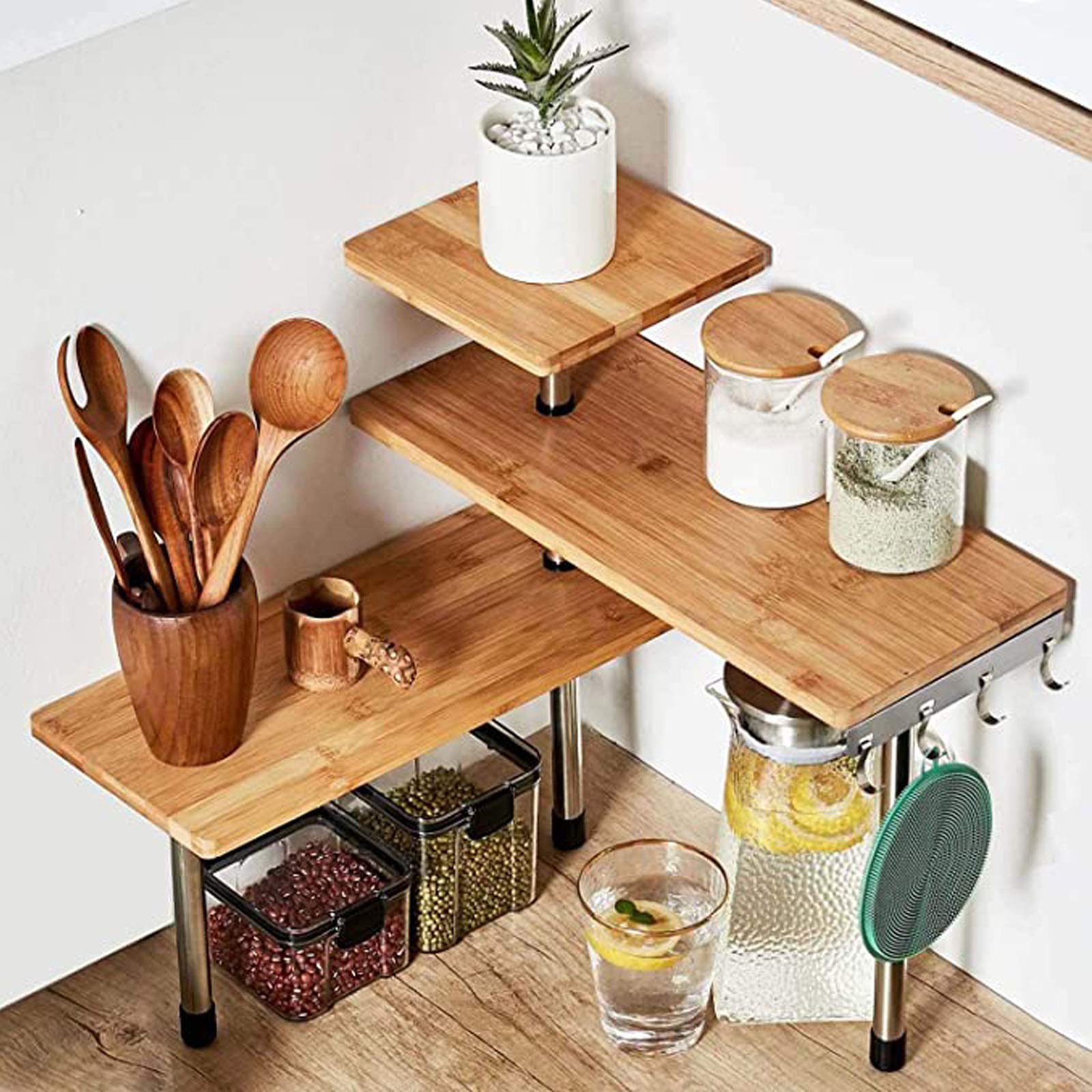 HYNAWIN 3 Tier Corner Shelf Bamboo & Metal Storage Spice Rack-Desk Bookshelf Display Shelves Space Saving Organizer -Adjustable 