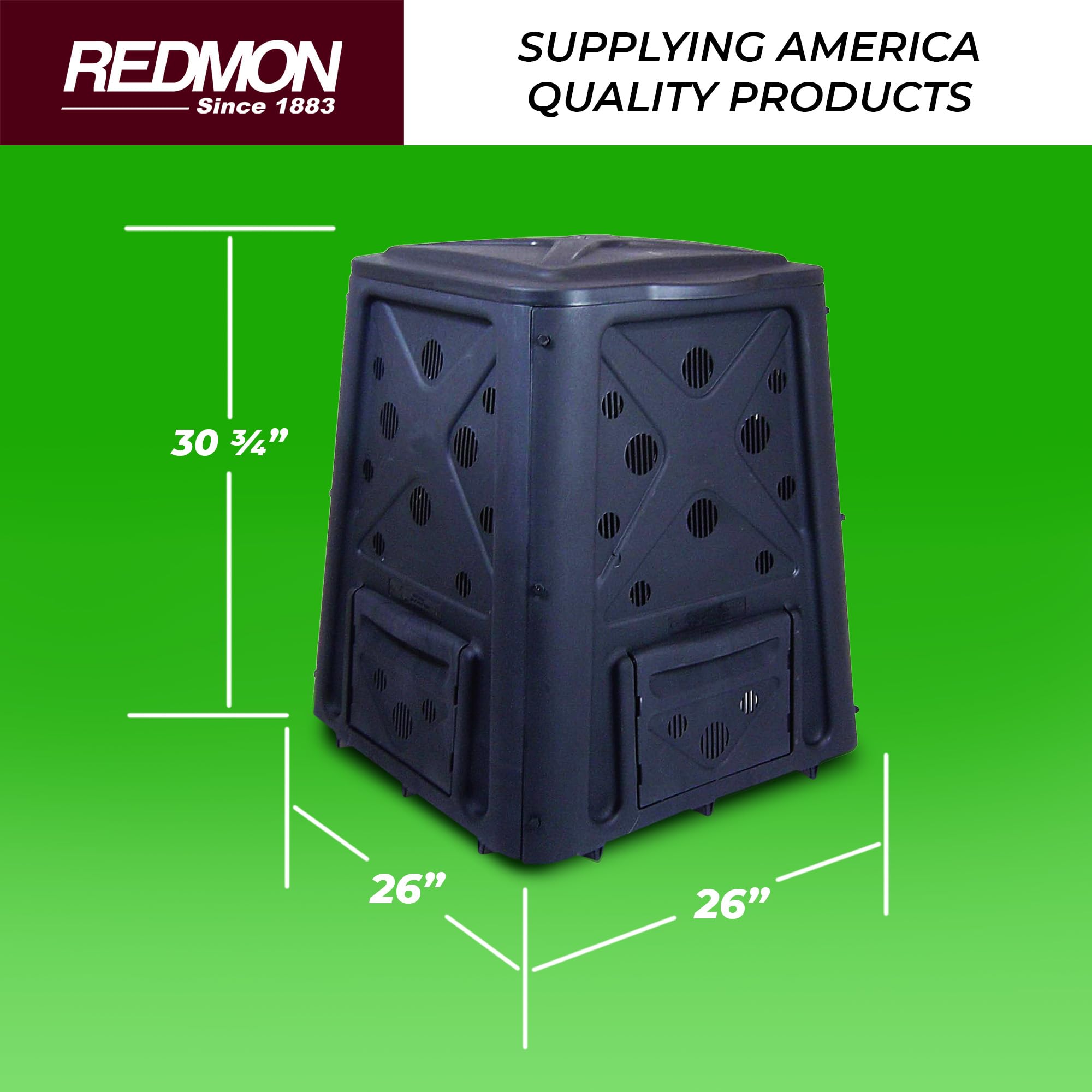 Redmon 65 Gallon Outdoor Compost Bin With Snapping Lift Off Lid, 4 Door Access, And Multiple Vent Holes For Garden And Landscaping, Black