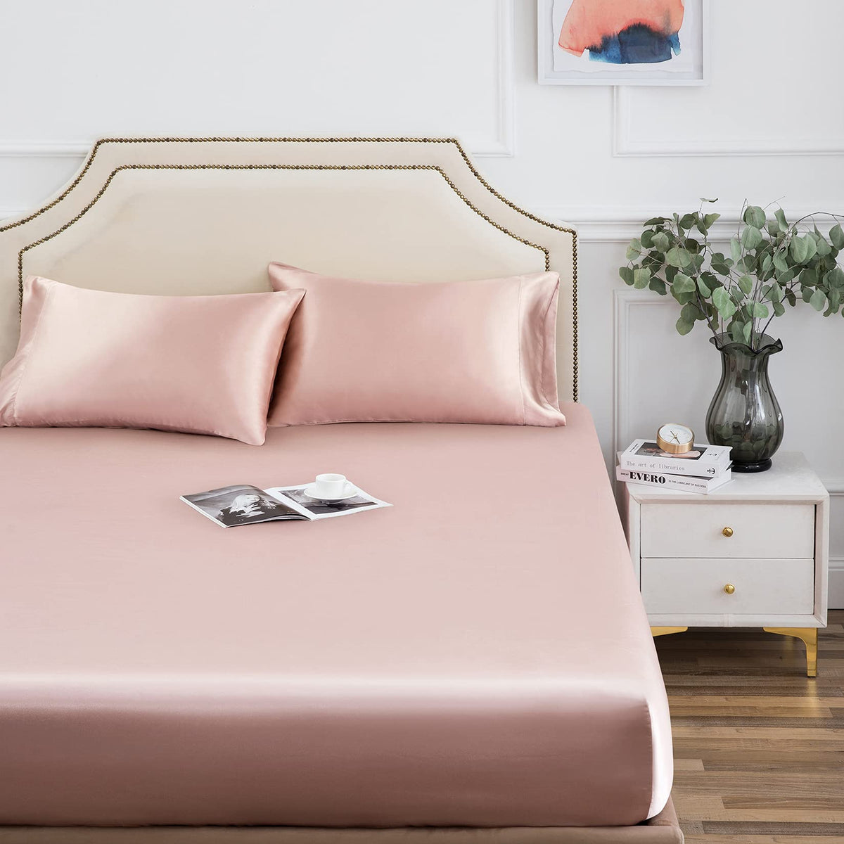 Satin Fitted Sheet, King Fitted Sheet Only, 1 - Piece Ultra Soft Deep Pocket Single Silk Bottom Bed Sheet King - Old Rose