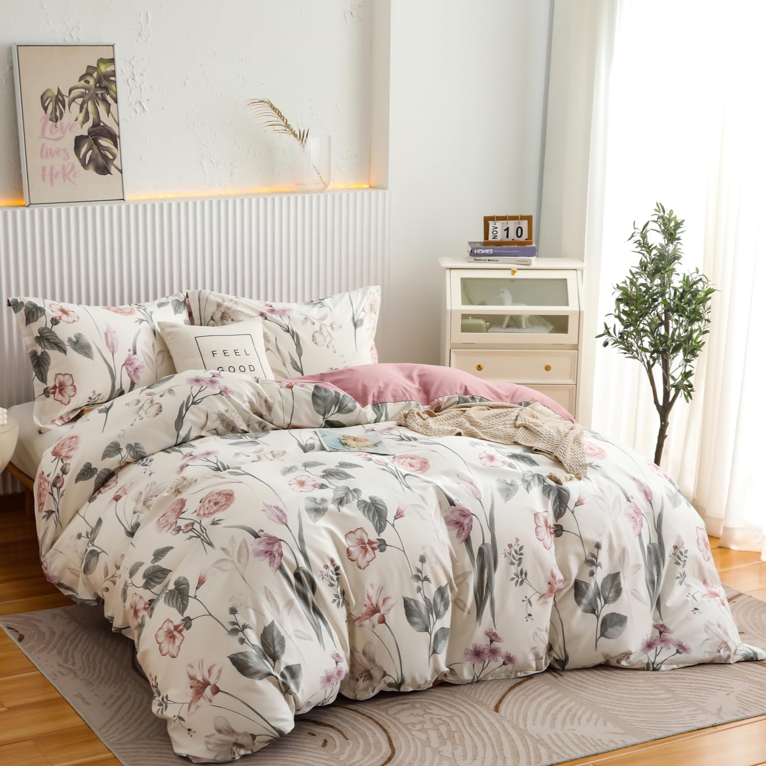 Oaite Duvet Cover Set Twin Size Floral Pattern 600 Thread Count Ultra Soft 100% Long Staple Cotton Duvet Cover Sets 3-Pc, Breath