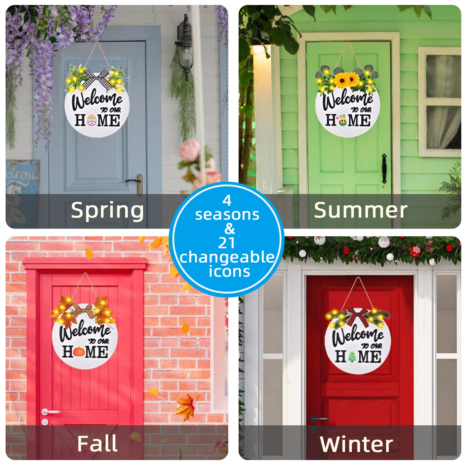 Interchangeable Welcome Home Sign, Front Door Decor With 4 Seasonal Wreaths And 21 Changeable Icons, Rustic Wood Wall Porch Hang