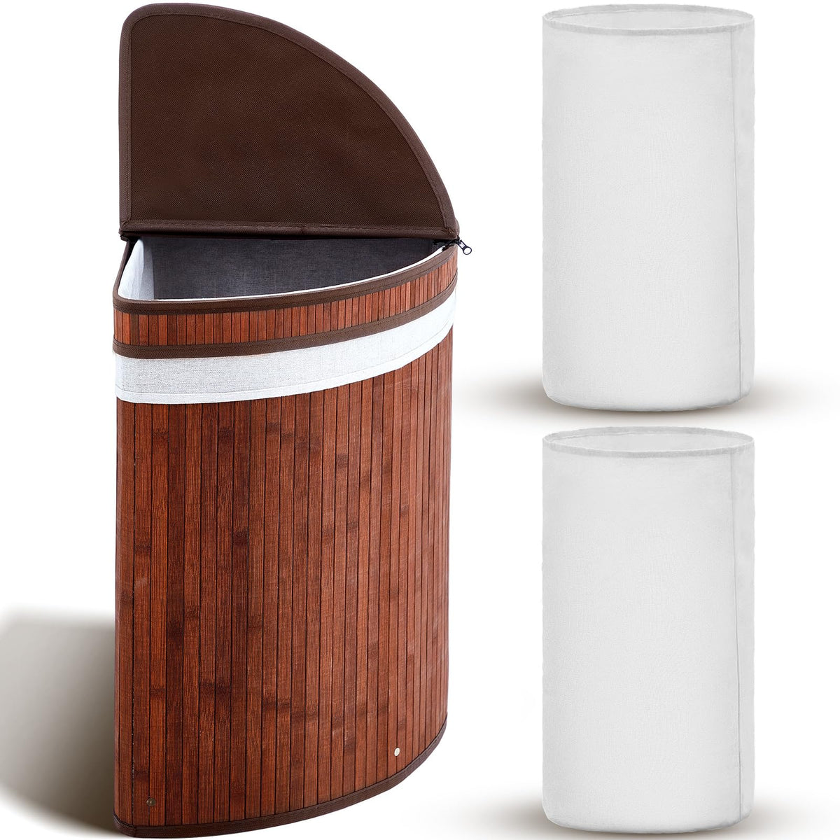 Gueevin Corner Bamboo Laundry Hamper with Lid, Walnut, 14 x 14 x 25 Inch