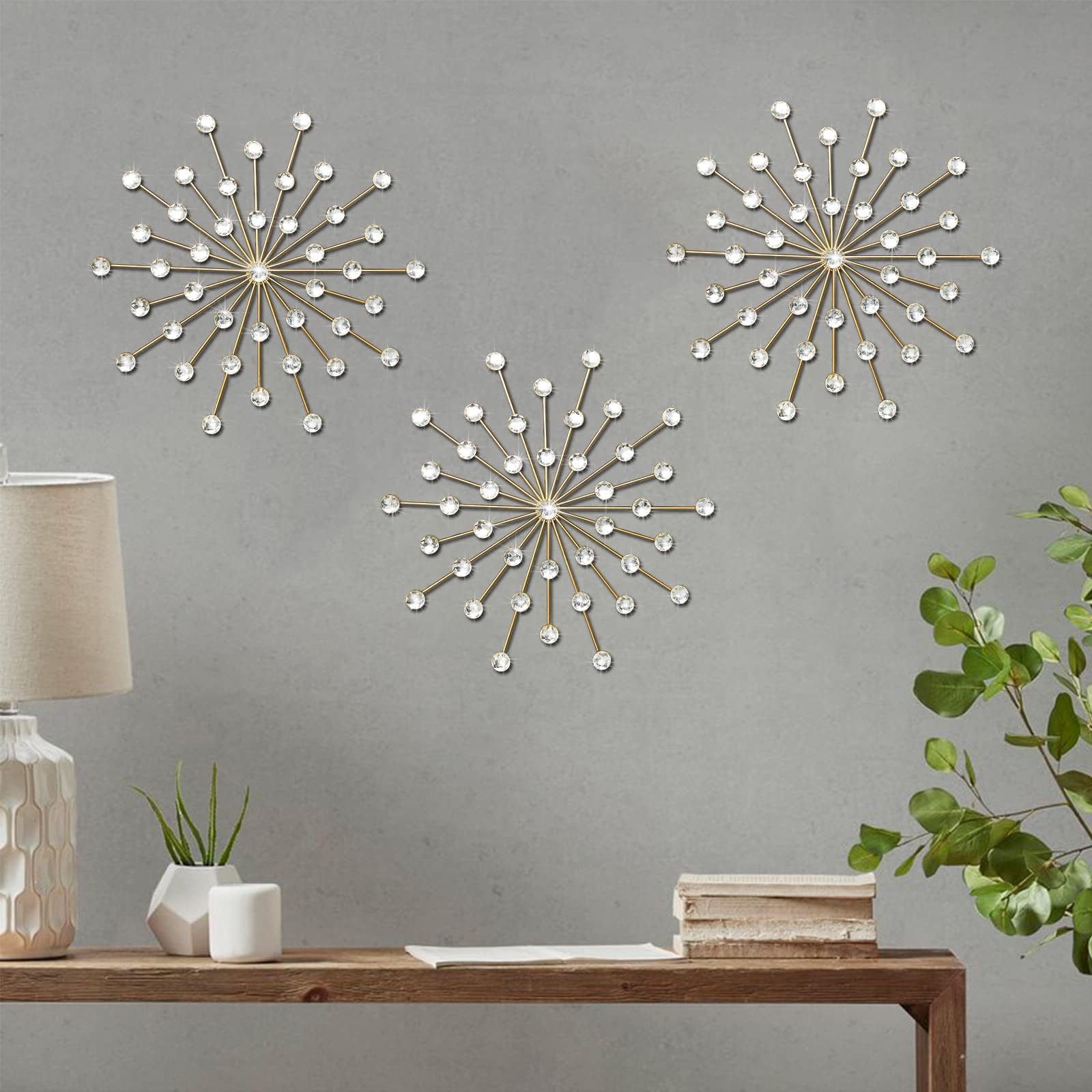 ZEXUIRU 3 Set Gold Metal Jeweled Wall Art Bling Crystal Home D  cor Star Sun Rhinestone Wall Hanging Diamond Accents