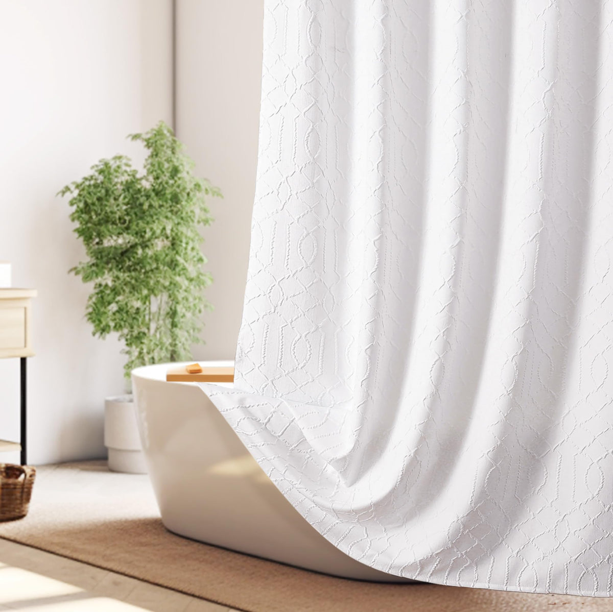Owenie White Shower Curtain, 96 Inch Extra Long Farmhouse Shower Curtain, Waterproof Textured Fabric Shower Curtain For Bathroom