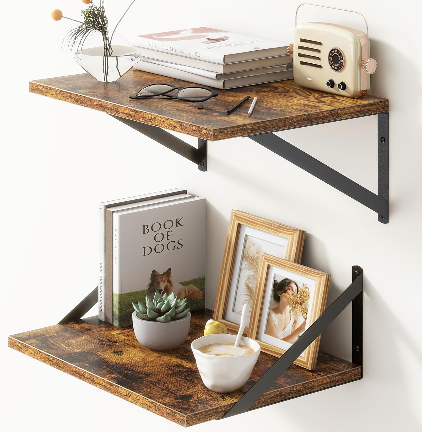 Wooden Cave Floating Wall Shelves, Set Of 2, Rustic Brown Engineered Wood With Metal Brackets, 14X8 Inch, For Living Room, Kitch