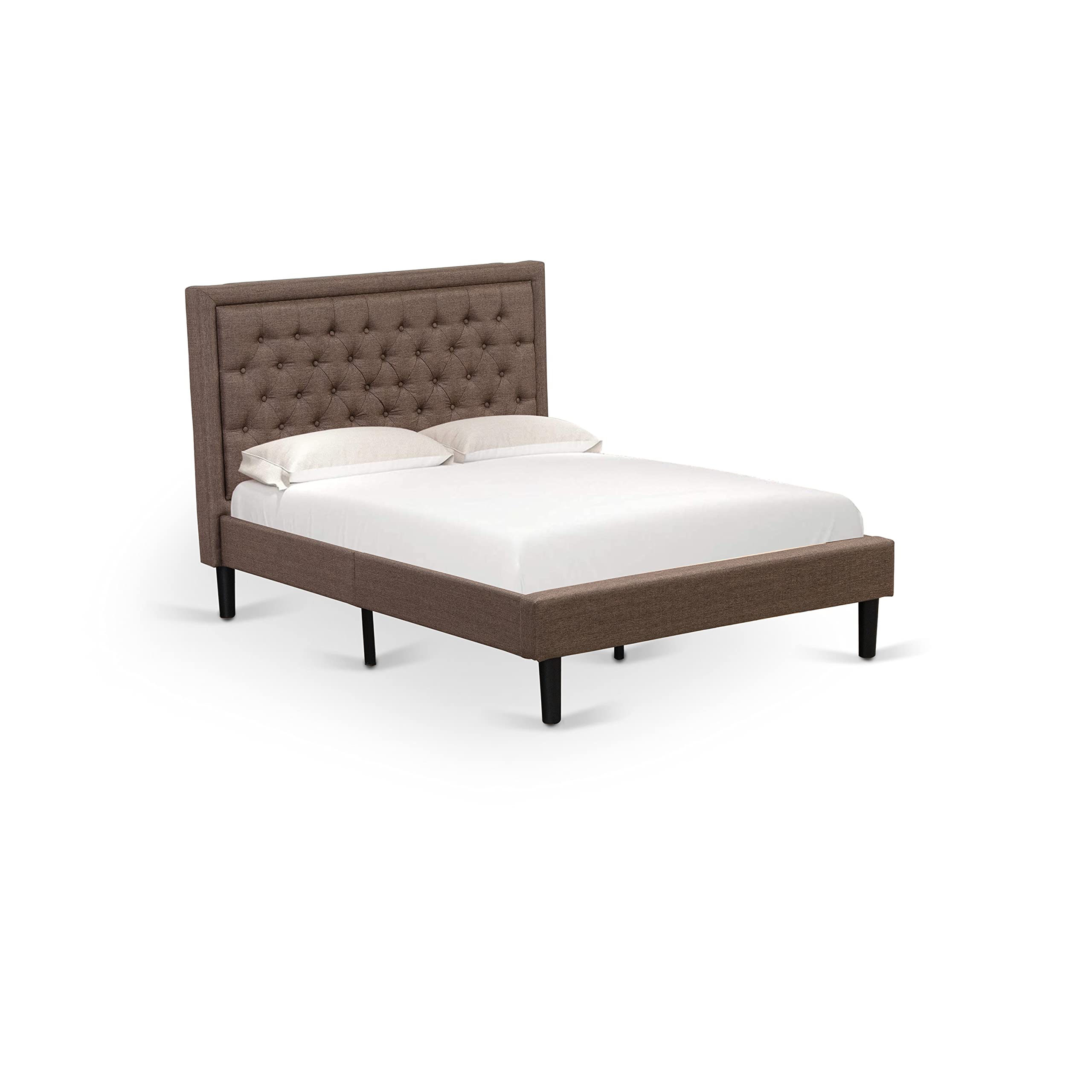 East West Furniture KDF-18-F Platform Full Bed Frame - Brown Linen Fabric Upholstered Bed Headboard with Button Tufted Trim Design - Black Legs