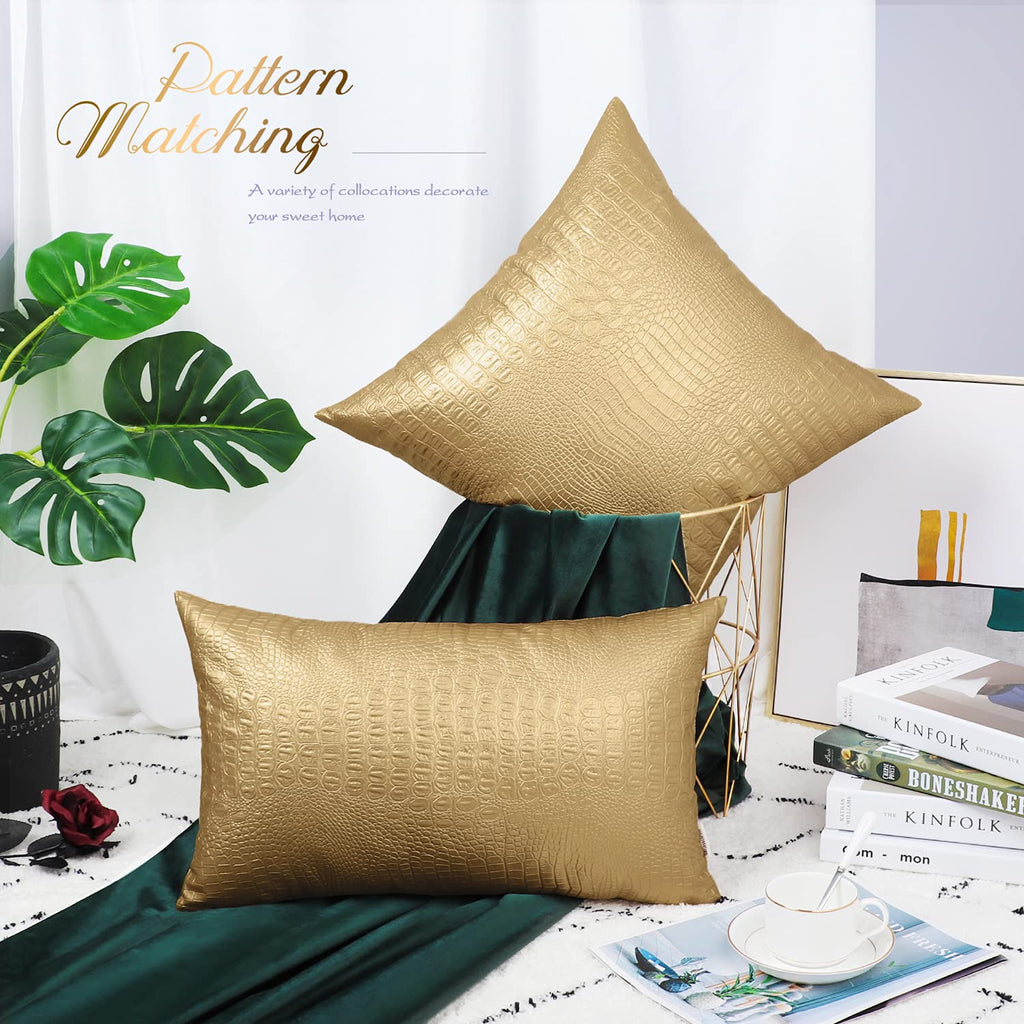Brawarm Faux Leather Pillow Covers 12 X 20 Inches, Gold Leather Pillow Covers Pack Of 2, Crocodile Leather Decorative Lumbar Thr