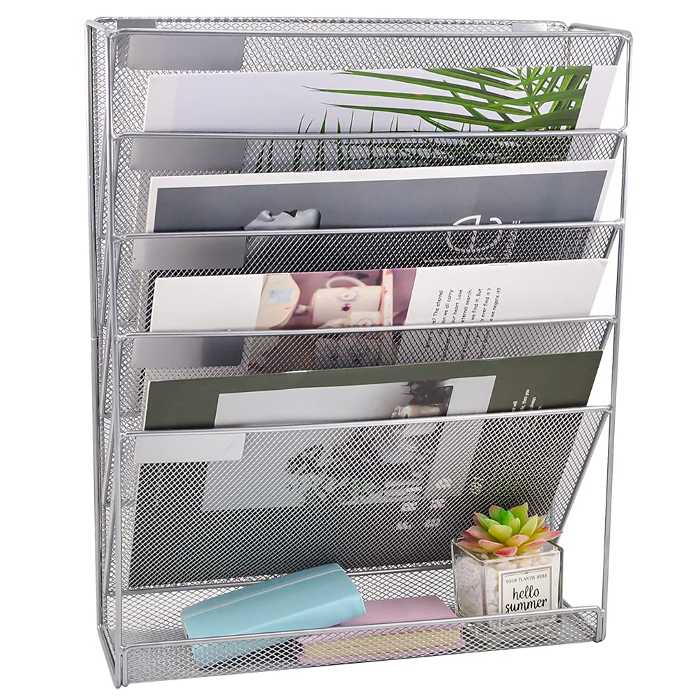 Easepres Desk File Organizer Mesh 5-Tier, Hanging Wall Mount Document Organization Stand, Desktop Vertical Mail Paper Folder Hol