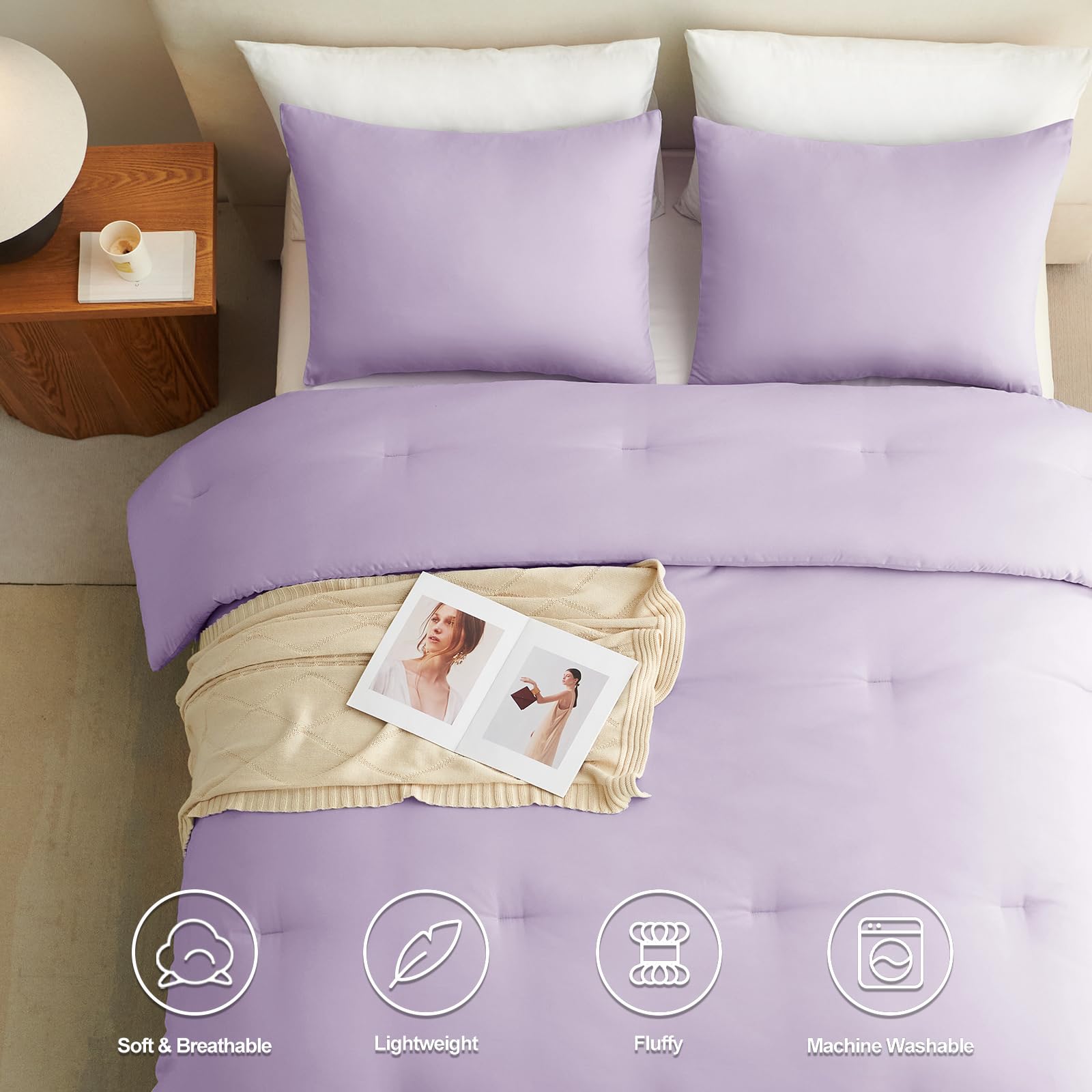 Cozylux Lavender Purple Comforter Set Full Size, 3 Pieces Solid Breathable Quilted Boho Style Bedding Sets, Luxury Fluffy Soft Microfiber Comforter For All Season(1 Comforter & 2 Pillowcases)