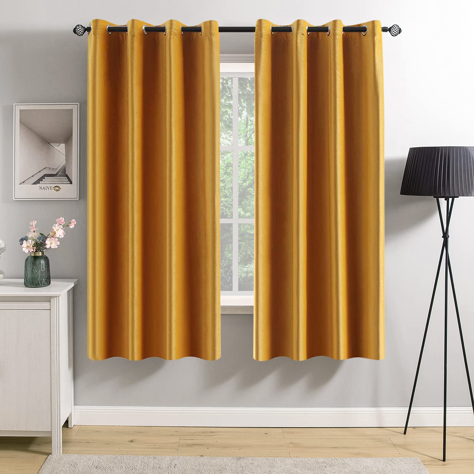 Miulee 2 Panels Blackout Velvet Curtains Solid Soft Grommet Mustard Yellow Curtains Fall Thermal Insulated Soundproof Room Darke