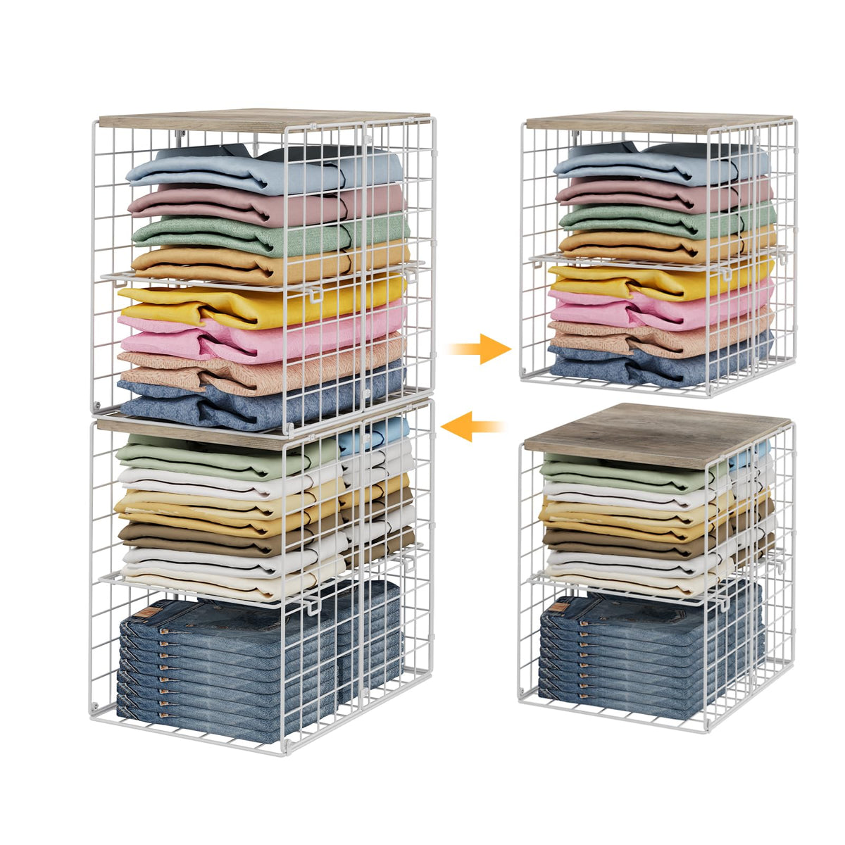 Hencawima 2 Pack Stackable Closet Storage Bins with Removable Divider, Wire Storage Baskets with Wooden Top for Clothes, Towels,