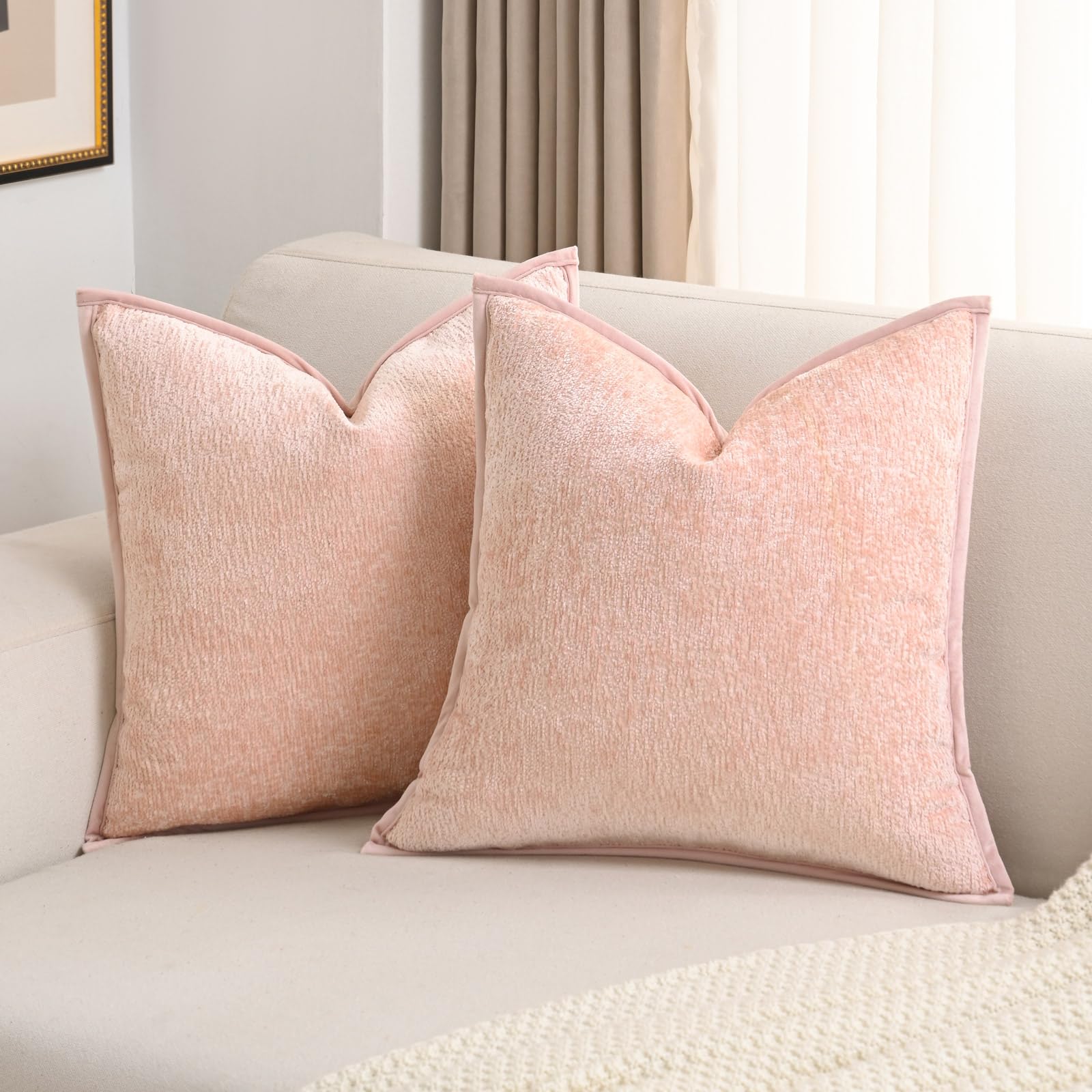 Futei Pink Chenille Throw Pillow Covers 24X24 Inch Set Of 2,Soft Velvet Euro Pillow Shams,Home Decor For Couch Bed Living Room