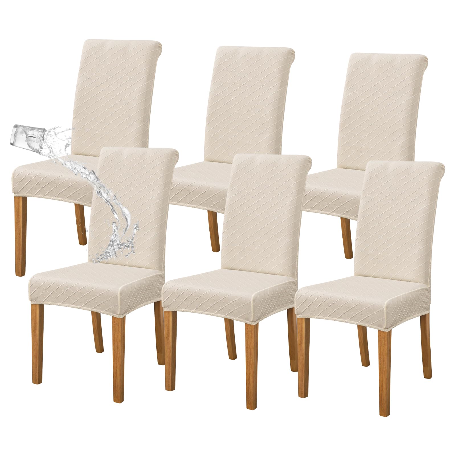 FORCHEER Waterproof Chair Covers for Dining Room Set of 6 Beige Jacquard Kitchen Chair Slipcovers for Parson Chairs Elastic Wash