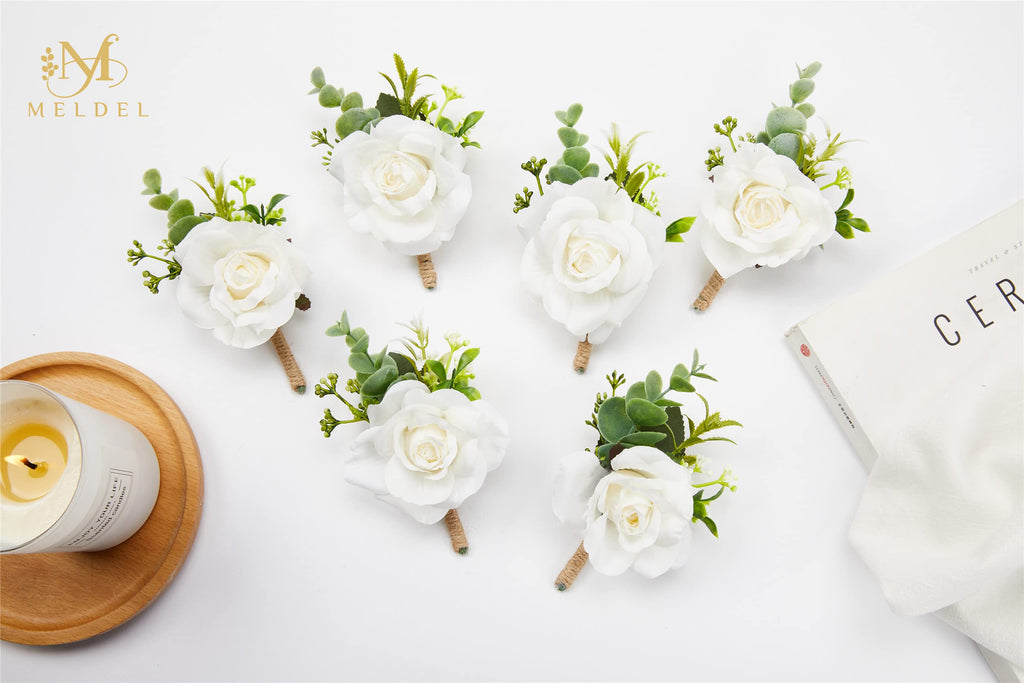 Meldel Ivory White Rose Boutonnieres For Men Wedding, Set Of 2, Artificial Corsage For Prom, Groom And Groomsmen Boutonniere For