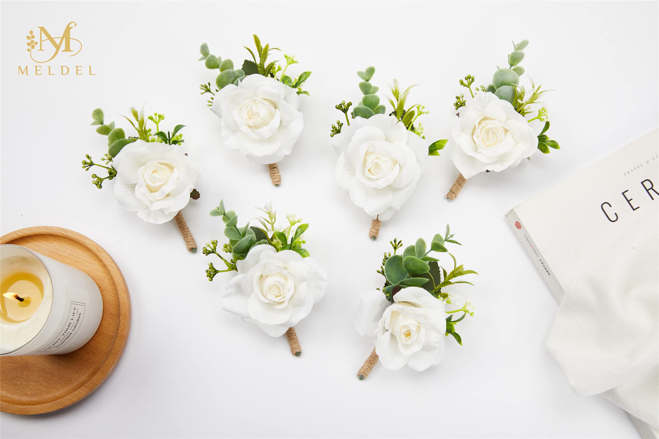 Meldel Ivory White Rose Boutonnieres For Men Wedding, Set Of 2, Artificial Corsage For Prom, Groom And Groomsmen Boutonniere For