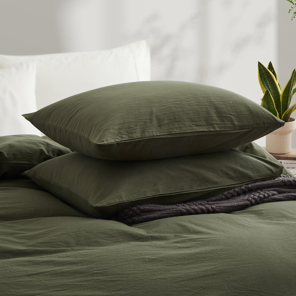 Lovque Olive Green Duvet Cover Full Size, 100% Washed Cotton Linen Like Bedding Set With Zipper Closure (No Comforter), 80X90 In