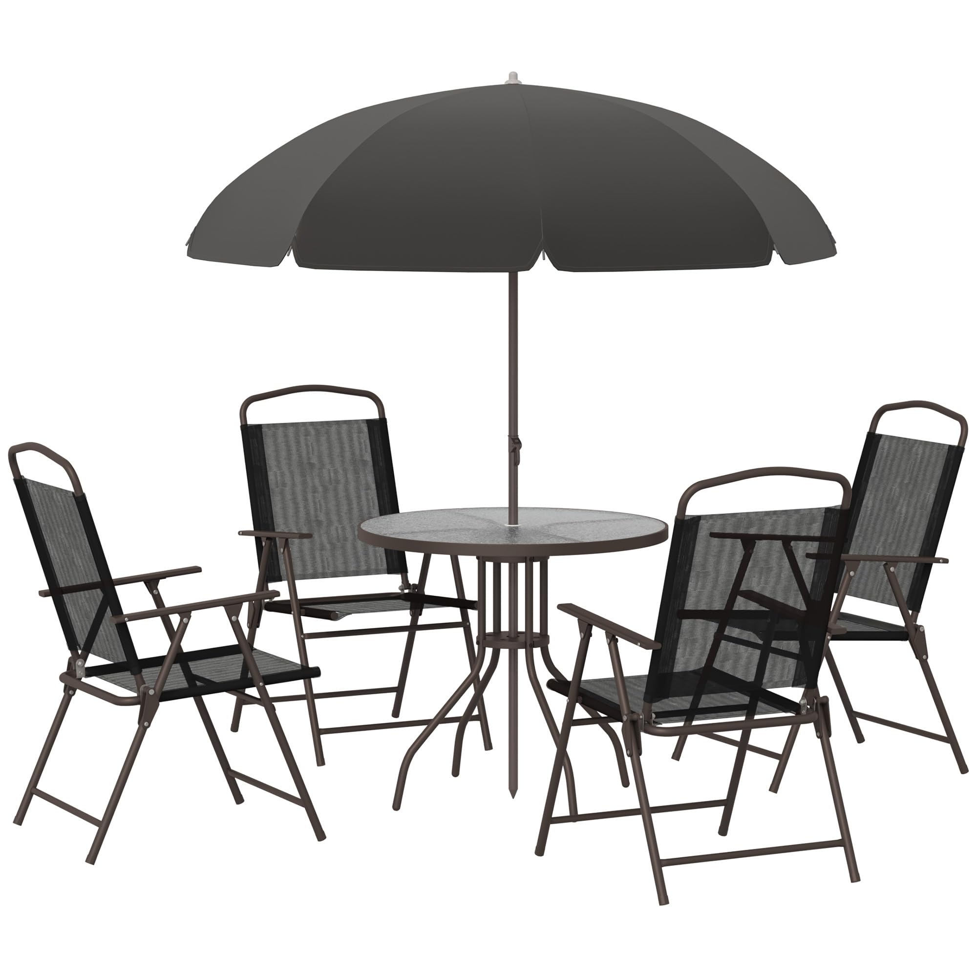 Outsunny 6 Piece Patio Dining Set For 4 With Umbrella, Outdoor Table And Chairs With 4 Folding Dining Chairs & Round Glass Table For Garden, Backyard And Poolside, Black