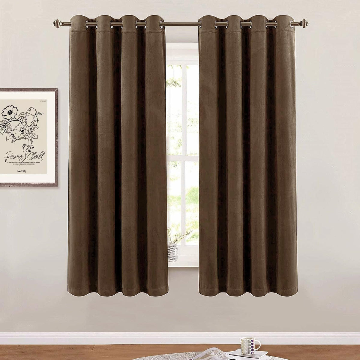 Smiletime Brown 63 In Long Velvet Curtains With Grommet, Thermal Insulated Super Soft Privacy Noise Reducing Light Blocking Velv