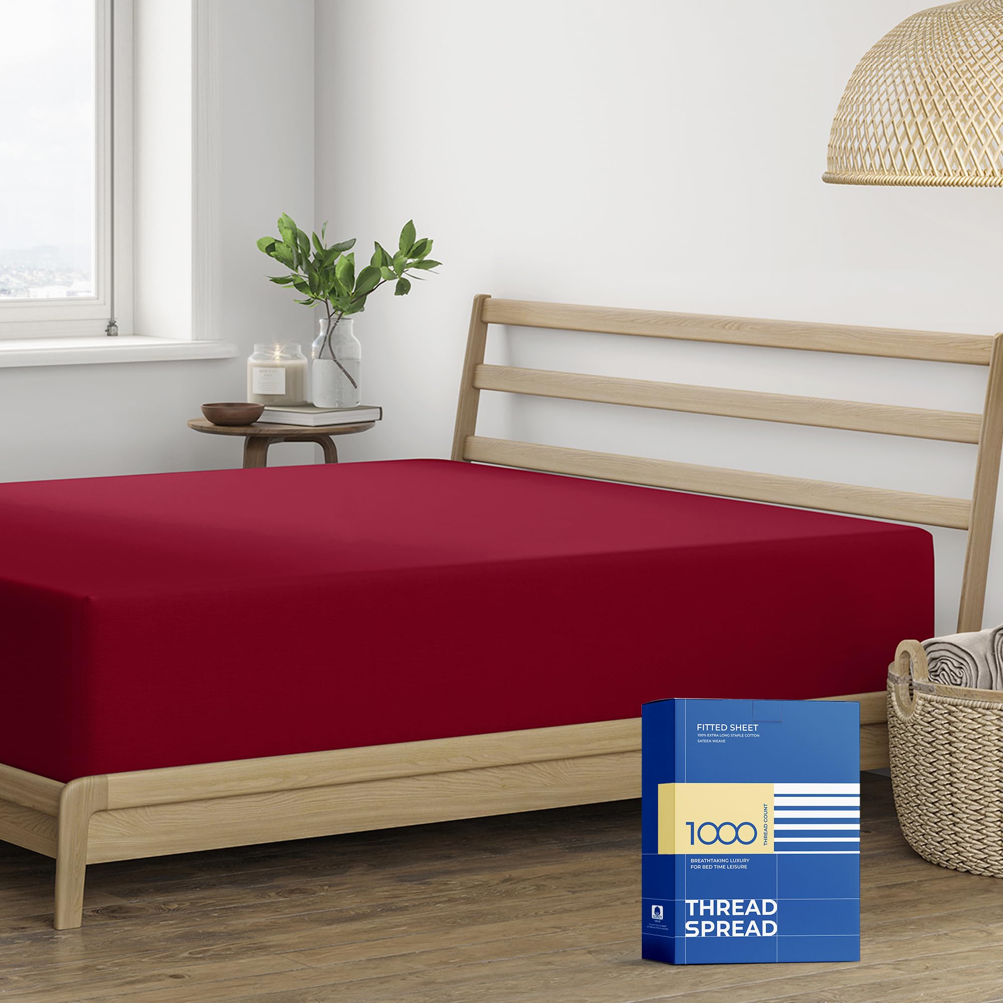 Thread Spread Luxury Egyptian Cotton California King Fitted Sheet Only - 1000 Thread Count Cal King Sheets Deep Pocket Fitted, Soft Sateen Weave Bottom Sheet - Fits Upto 18' Deep Mattress - Burgundy