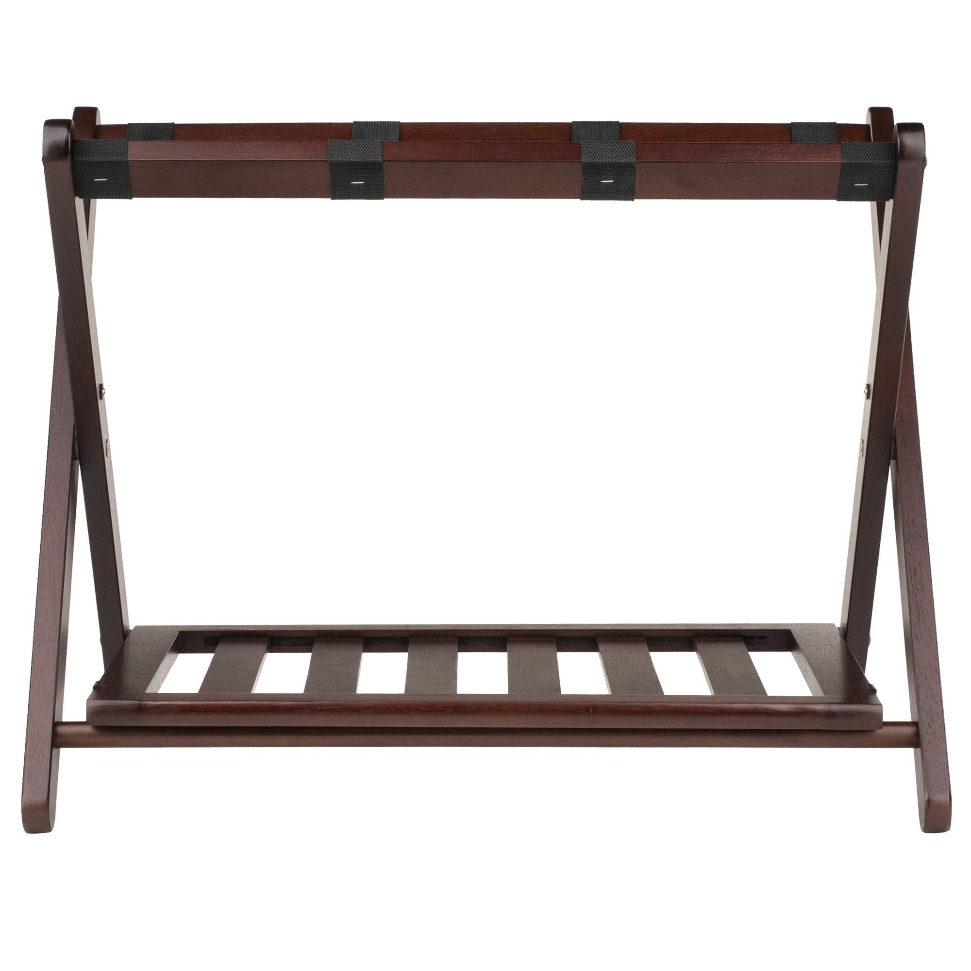 Ergode Wood Remy Luggage Rack with Lower Shelf - Sturdy Solid Wood, Cappuccino Finish, Foldable, Holds up to 75 lbs, Convenient Storage Solution