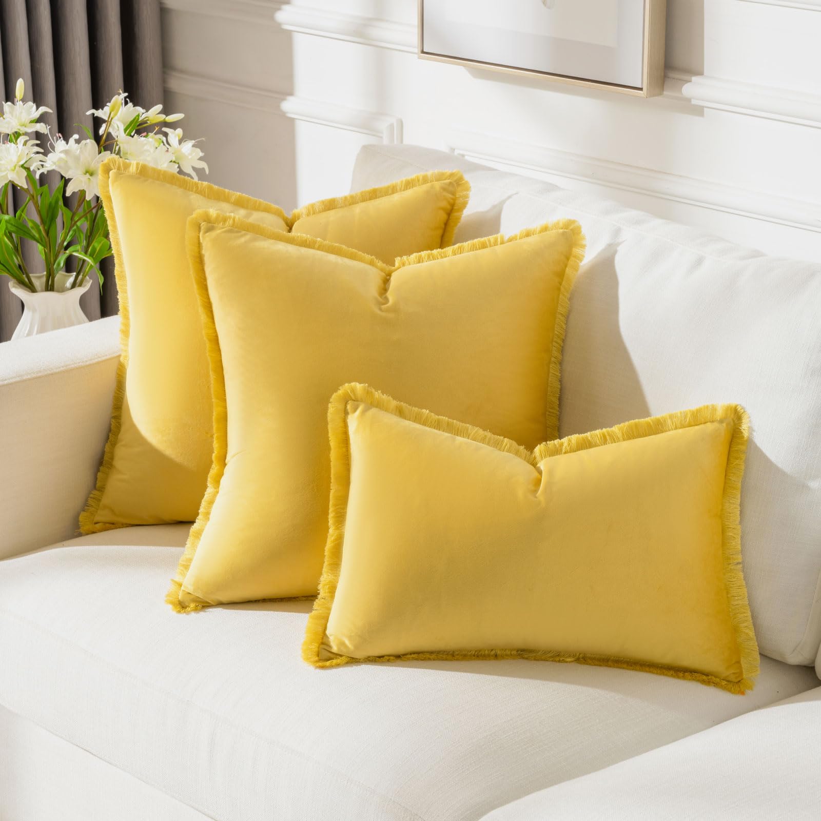 Futei Lemon Yellow Boho Throw Pillow Covers With Tassels 16X16 Inch Set Of 2,Soft Velvet Decorative Cushion Case,Home Decor For
