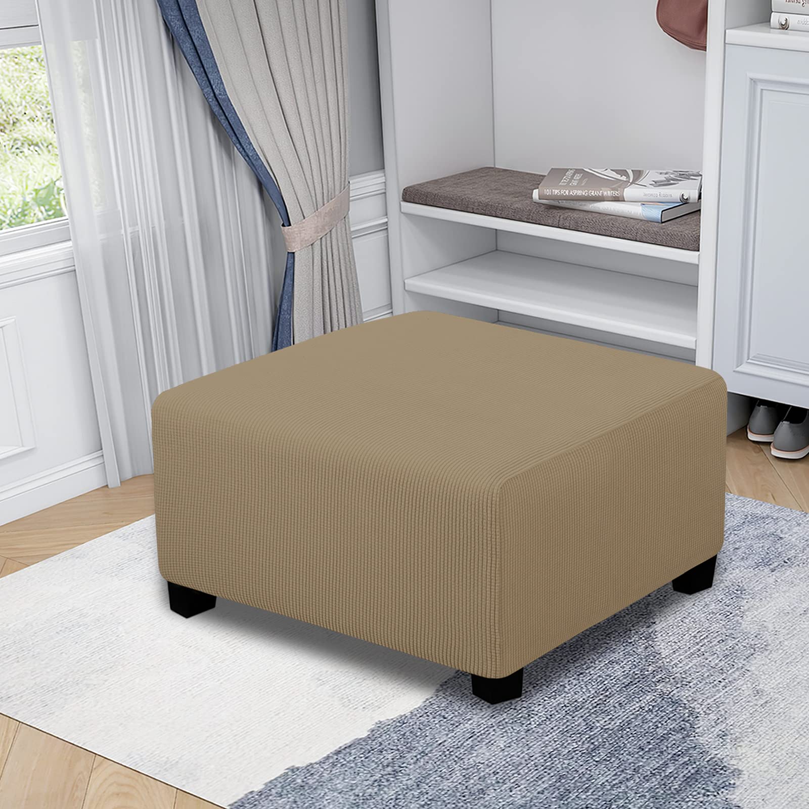 Easy-Going Stretch Square Ottoman Cover Folding Storage Stool Furniture Protector Soft Rectangle Slipcover With Elastic Bottom (30X30X15Inch, Tan)
