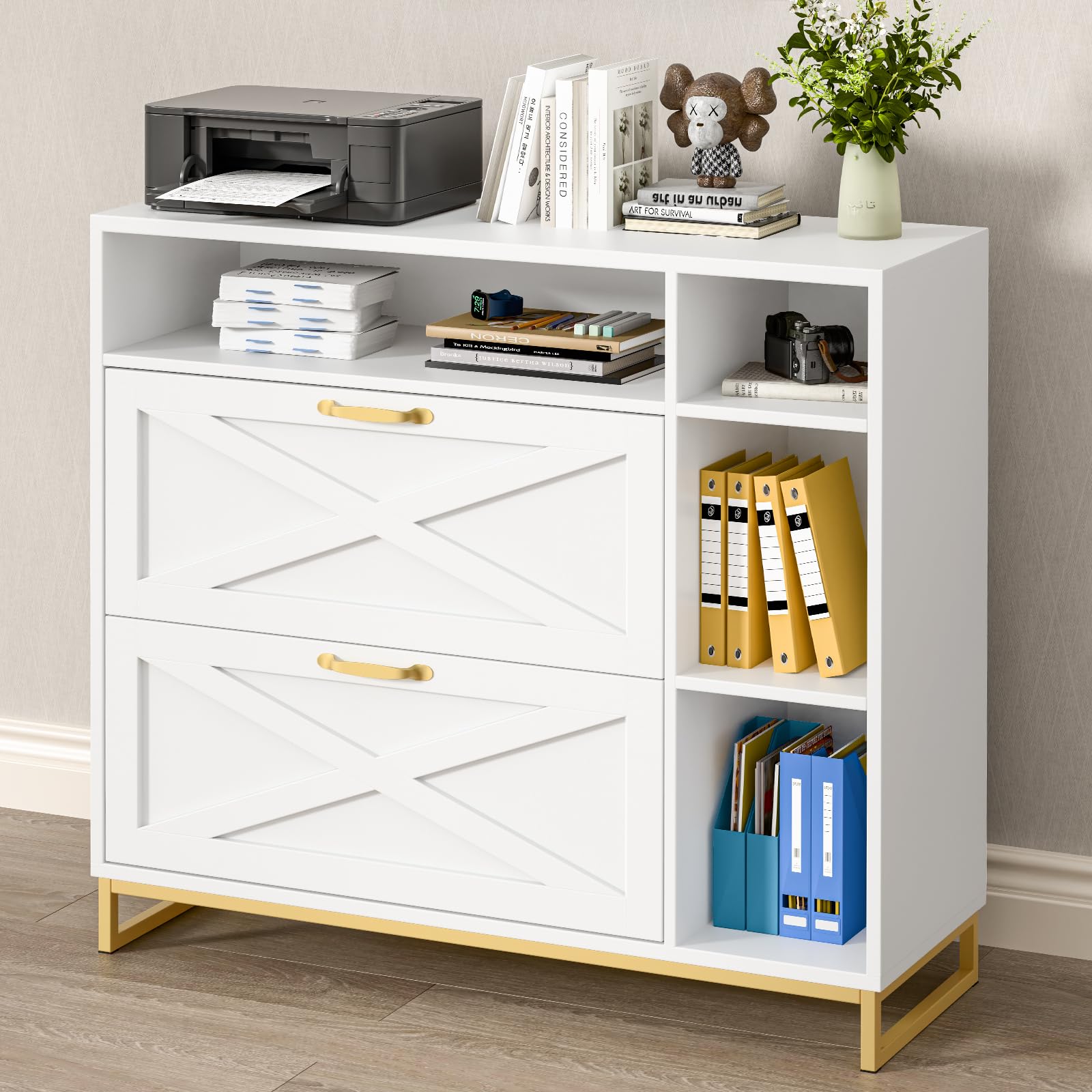 Lateral File Cabinet With 2 Drawers And Open Space, Modern Farmhouse File Cabinet For Legal/A4/Letter Size Hanging Files, Large