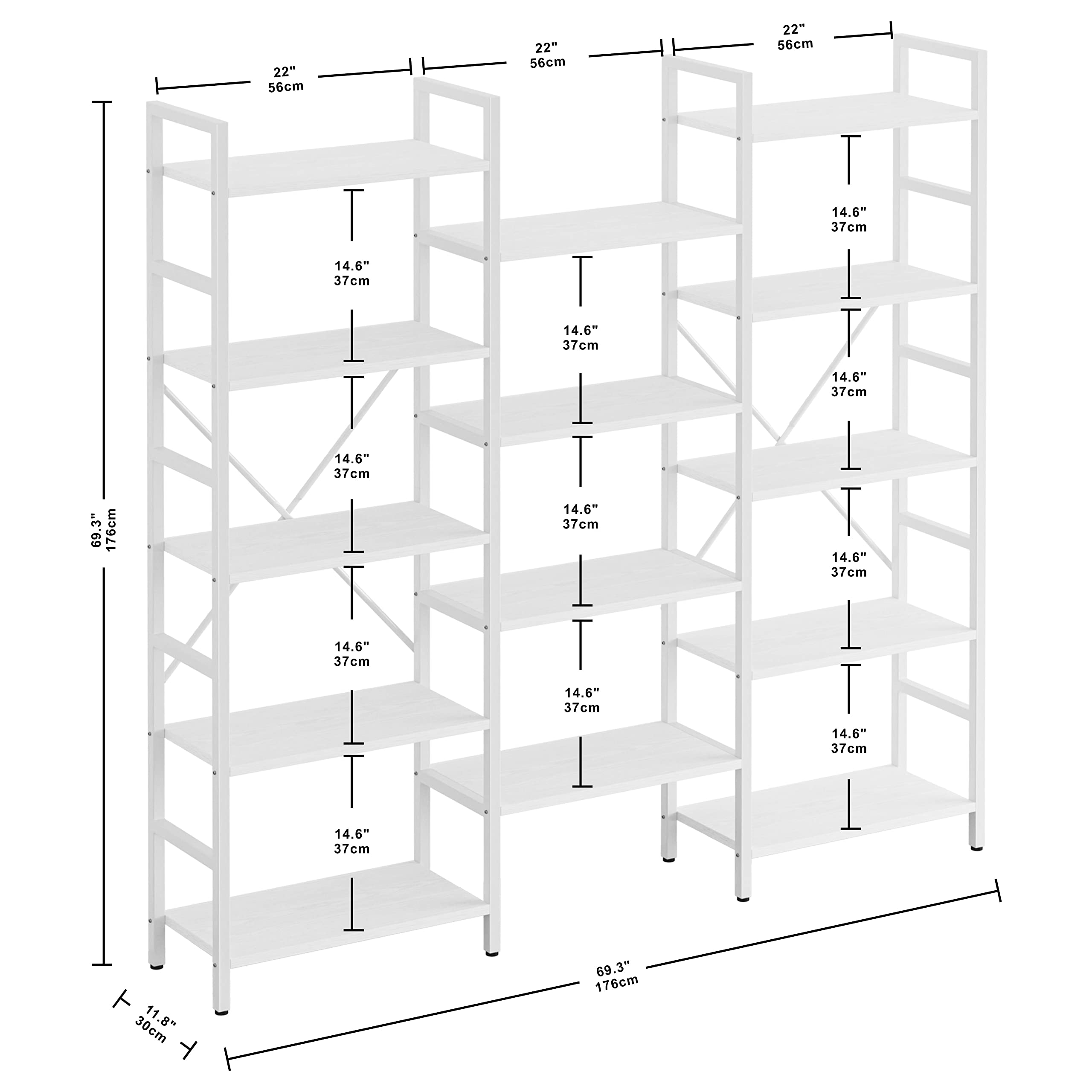 Ironck Bookcases And Bookshelves Triple Wide 5 Tiers Industrial Bookshelf, Large Etagere Bookshelf Open Display Shelves With Metal Frame