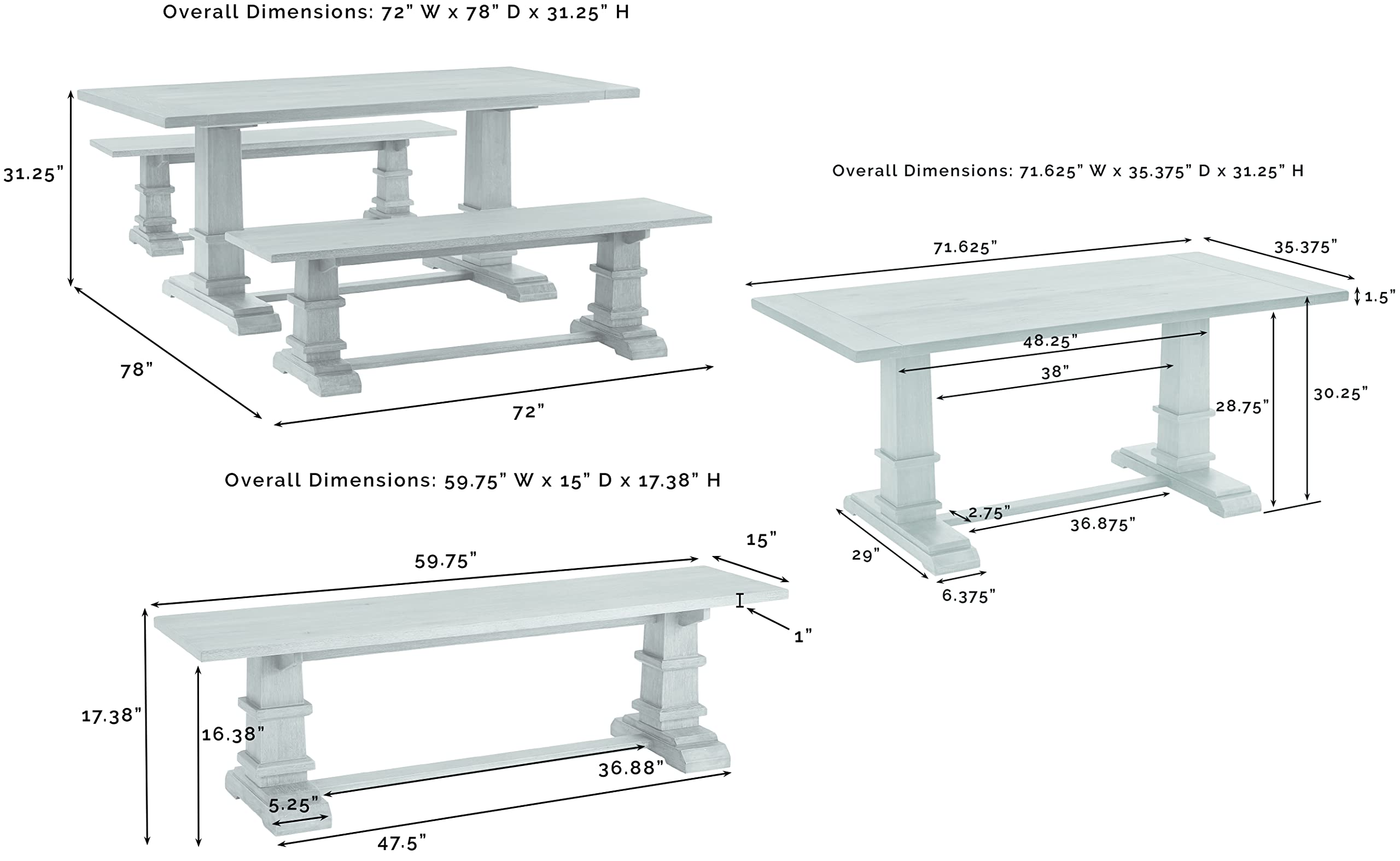 Crosley Furniture Joanna 3-Piece Modern Farmhouse Dining Table Set for 6 with 2 Wood Benches, Rustic Brown