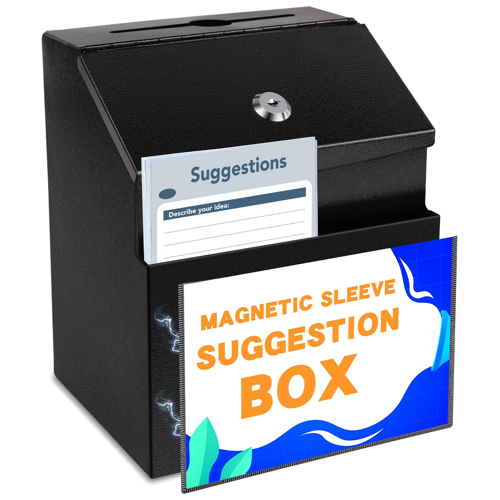 Linsiron Magnetic Suggestion Box With Magnetic Sleeve,The Suggestion Box With Lock And 50 Free Suggestion Cards ,Black Metal Box