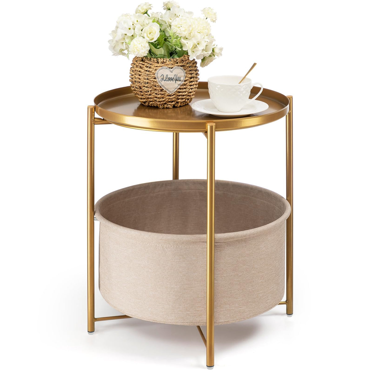 danpinera Gold Side Table with Fabric Storage Basket, Pack of 2 End Table