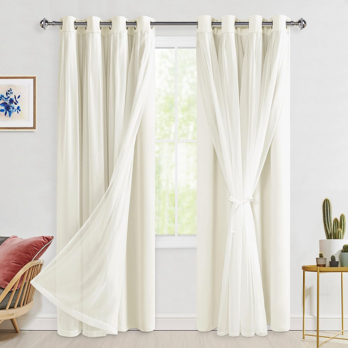 Hiasan Blackout Curtains With Sheer Overlay, Grommet Thermal Insulated Mix & Match Double Layer Window Curtains For Bedroom, Liv