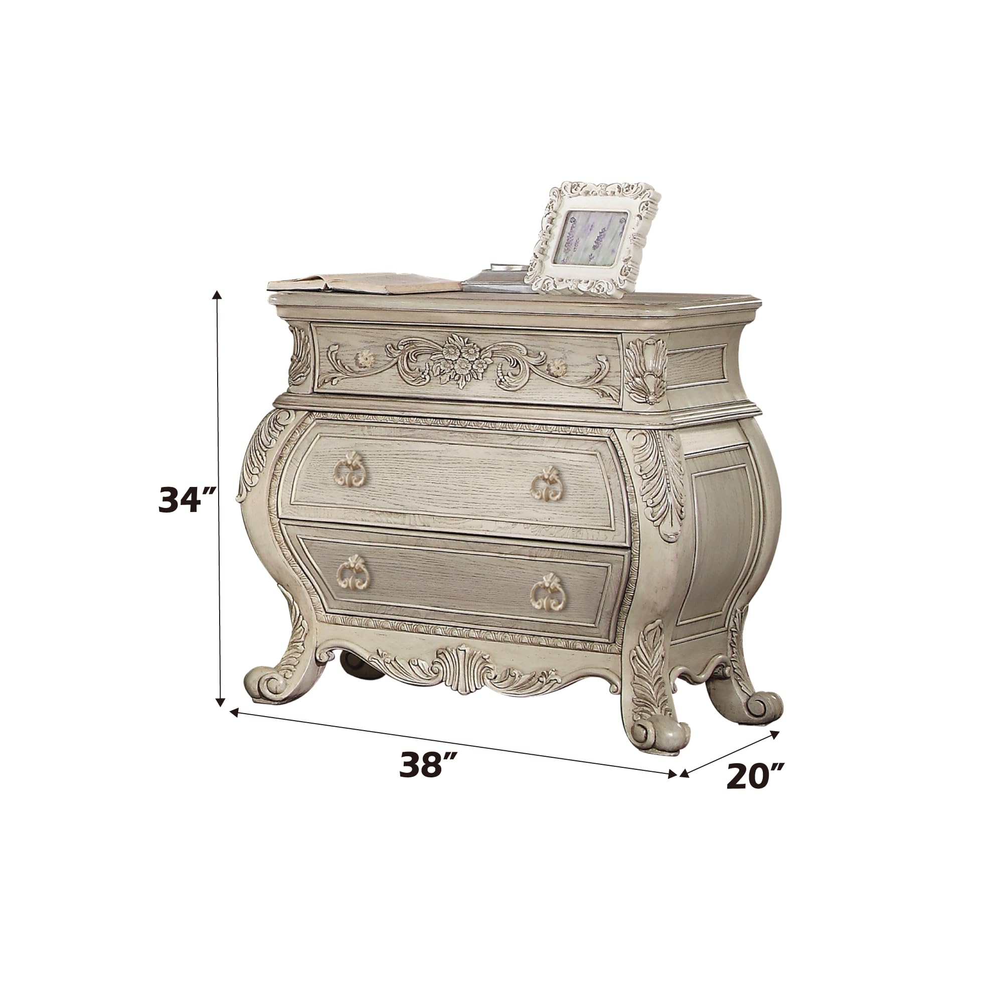 Acme Ragenardus 3-Drawer Wood Bombe Nightstand in Antique White