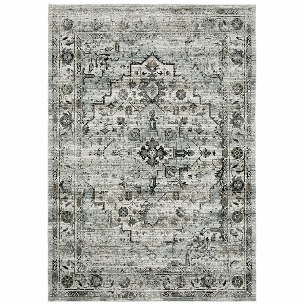 HomeRoots 508927 10 x 13 ft. Ivory Gray Charcoal Blue & Taupe Oriental Power Loom Stain Resistant Rectangle Area Rug, Rectangular