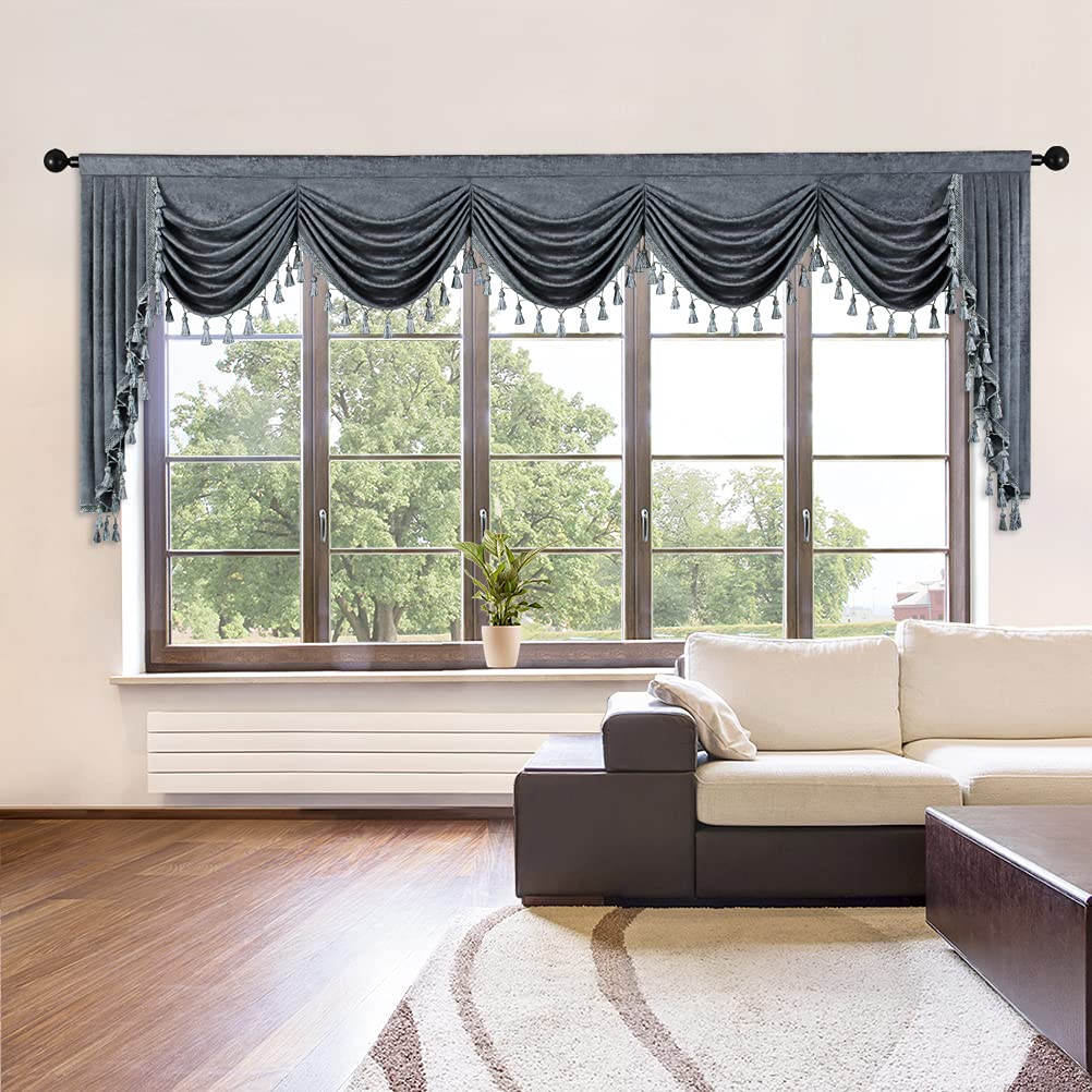 Elkca Thick Chenille Window Curtains Valance For Living Room Grey Waterfall Valance For Bedroom,1 Panel (Grey, W138)