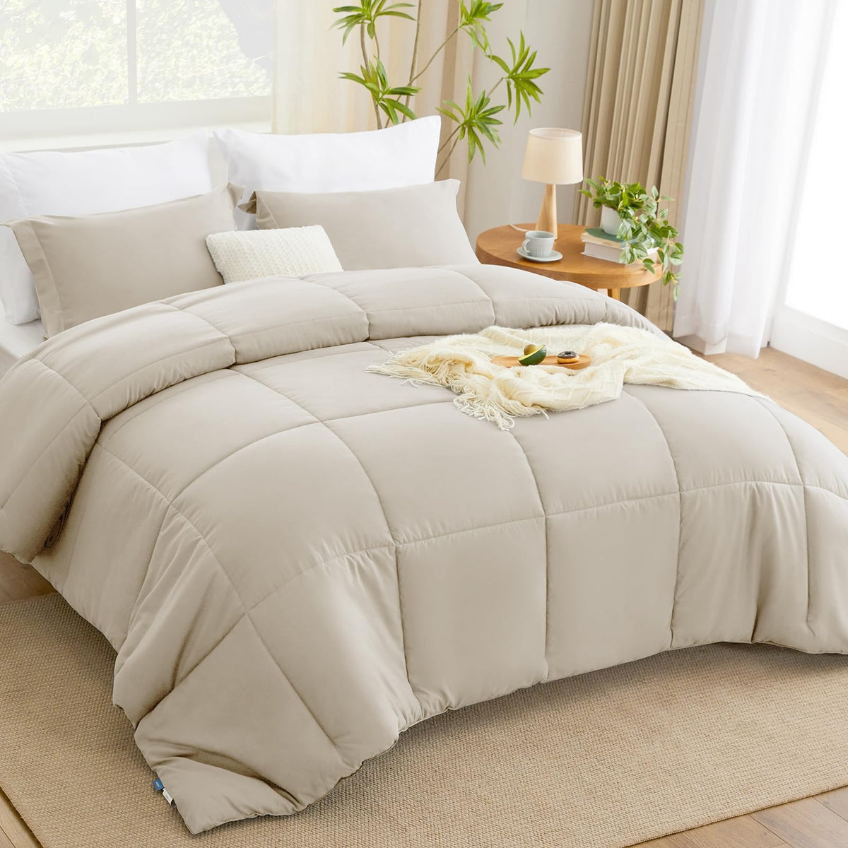 Cozylux Full Size Comforter Sets - Beige Comforter Full Size, 3 Pieces Box Stitched Bed Set For All Seasons, Soft Lightweight Bedding Sets With 1 Down Alternative Comforter And 2 Pillow Shams