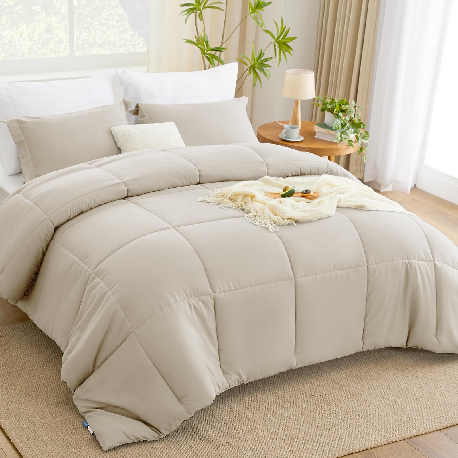 Cozylux King Size Comforter Set - Beige Comforter King Size, 3 Pieces Box Stitched Bed Set For All Seasons, Soft Lightweight Bedding Sets With 1 Down Alternative Comforter And 2 Pillow Shams